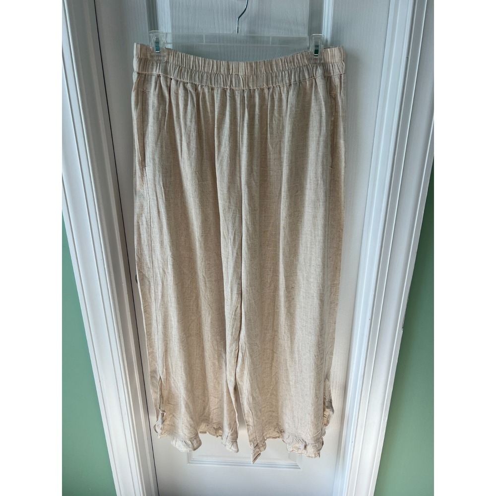 Umgee Pants‎ Womens 1XL Beige Linen Blend Wide Leg Boho Lagenlook Coastal